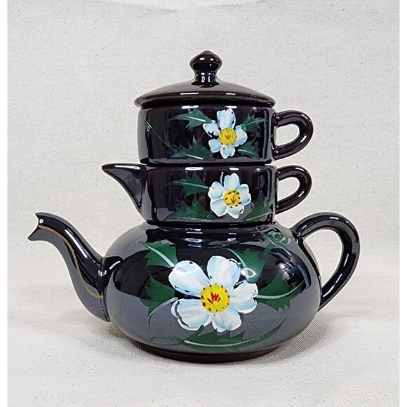 Vintage Japanese Lusterware Stacking Teapot Set – Hand Painted Floral – 3 pc Set - Picture 4 of 12